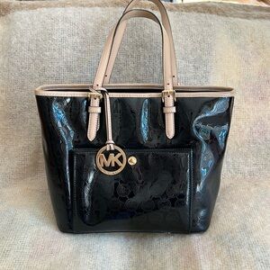 Michael Kors Black Monogram Purse with Gold and Tan Details